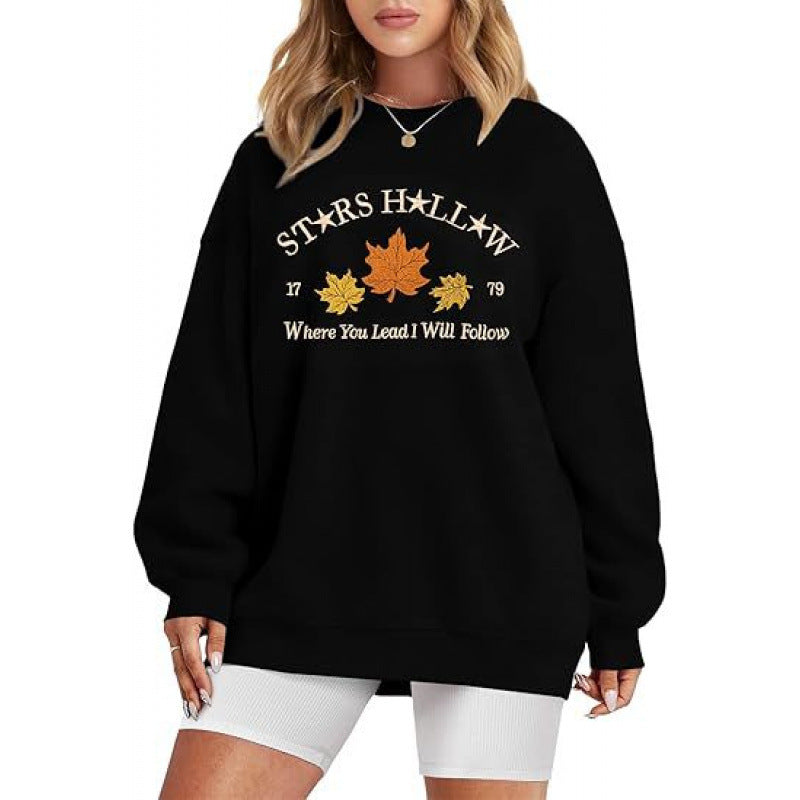 Damen Sweatshirt mit weitem Schnitt und dekorativem Herbstmotiv Drune