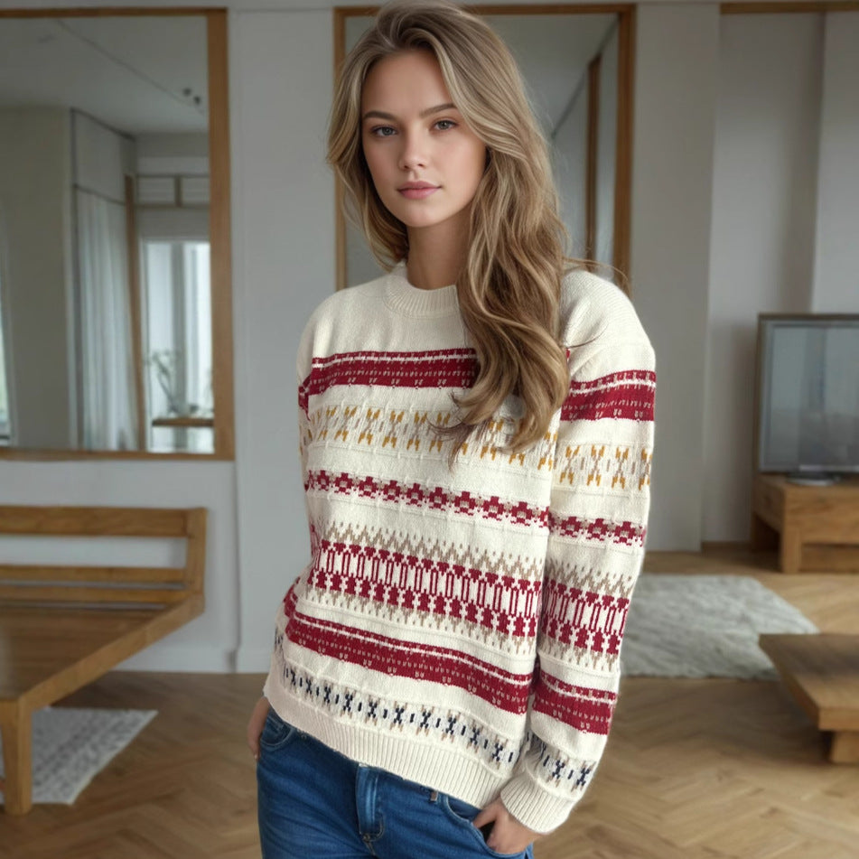 Damen Kuscheliger Strickpullover mit folkloristischem Muster und hohem Kragen Drune