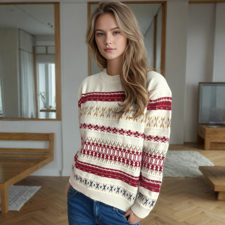 Damen Kuscheliger Strickpullover mit folkloristischem Muster und hohem Kragen Drune