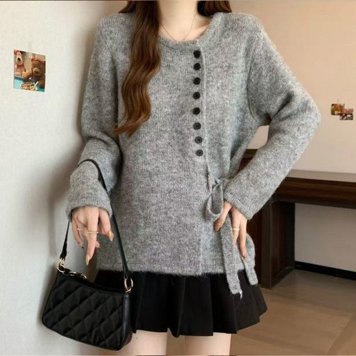Damen stilvolle Strickjacke mit modischen Knopfdetails und Bindegürtel Drune