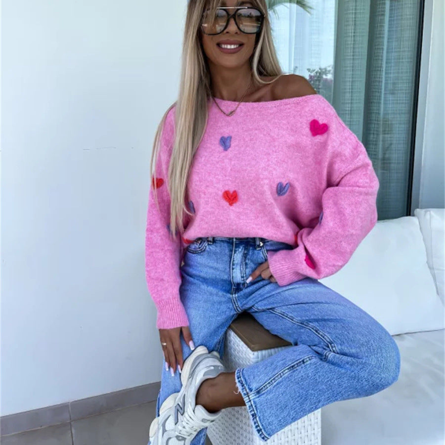Damen lässiger Pullover mit bunten Herzmotiven Drune