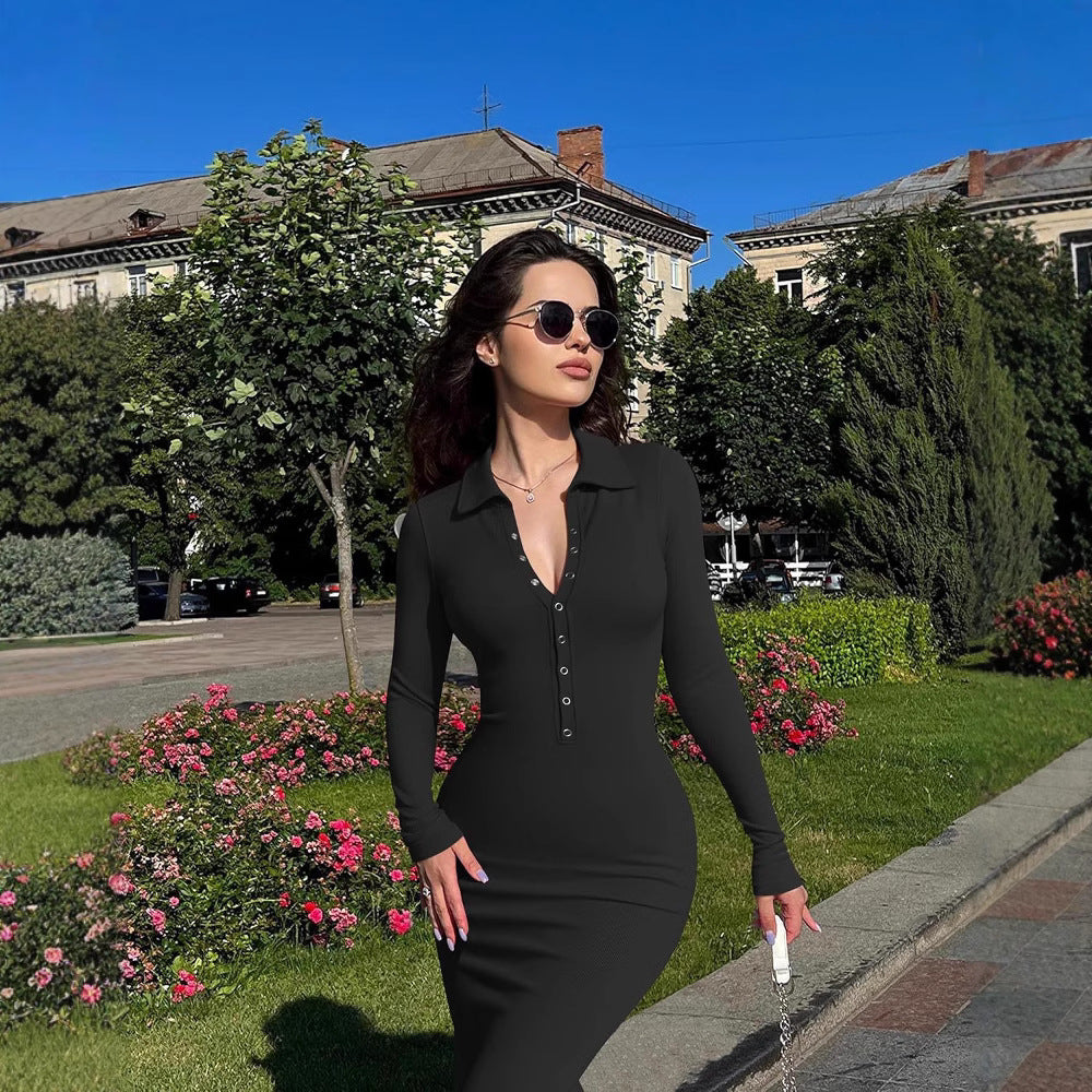 Damen Elegantes Langarmkleid mit Kragen und körpernahem Schnitt Drune