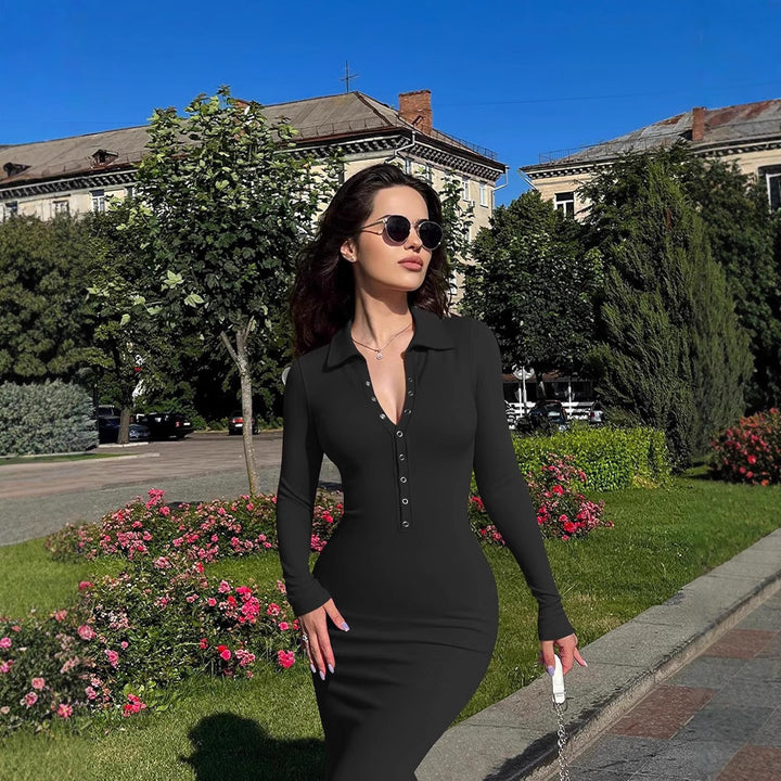 Damen Elegantes Langarmkleid mit Kragen und körpernahem Schnitt Drune