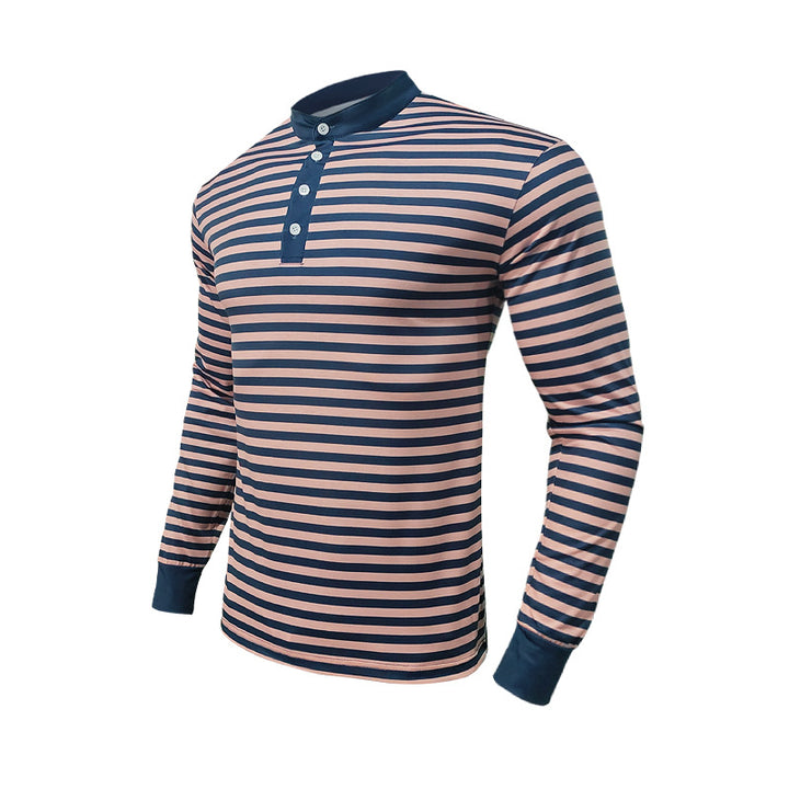 Herren nan gestreiftes Langarm-Henleyshirt mit Stehkragen und Knopfleiste Drune
