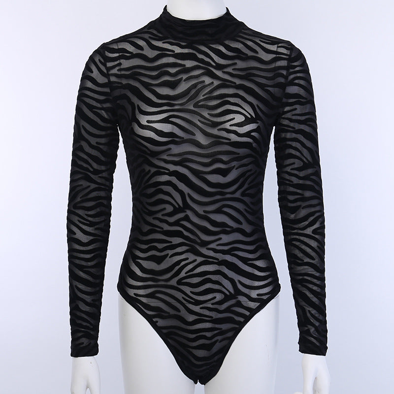 Damen eleganter und transparenter Langarm-Bodysuit mit Zebra-Design Drune