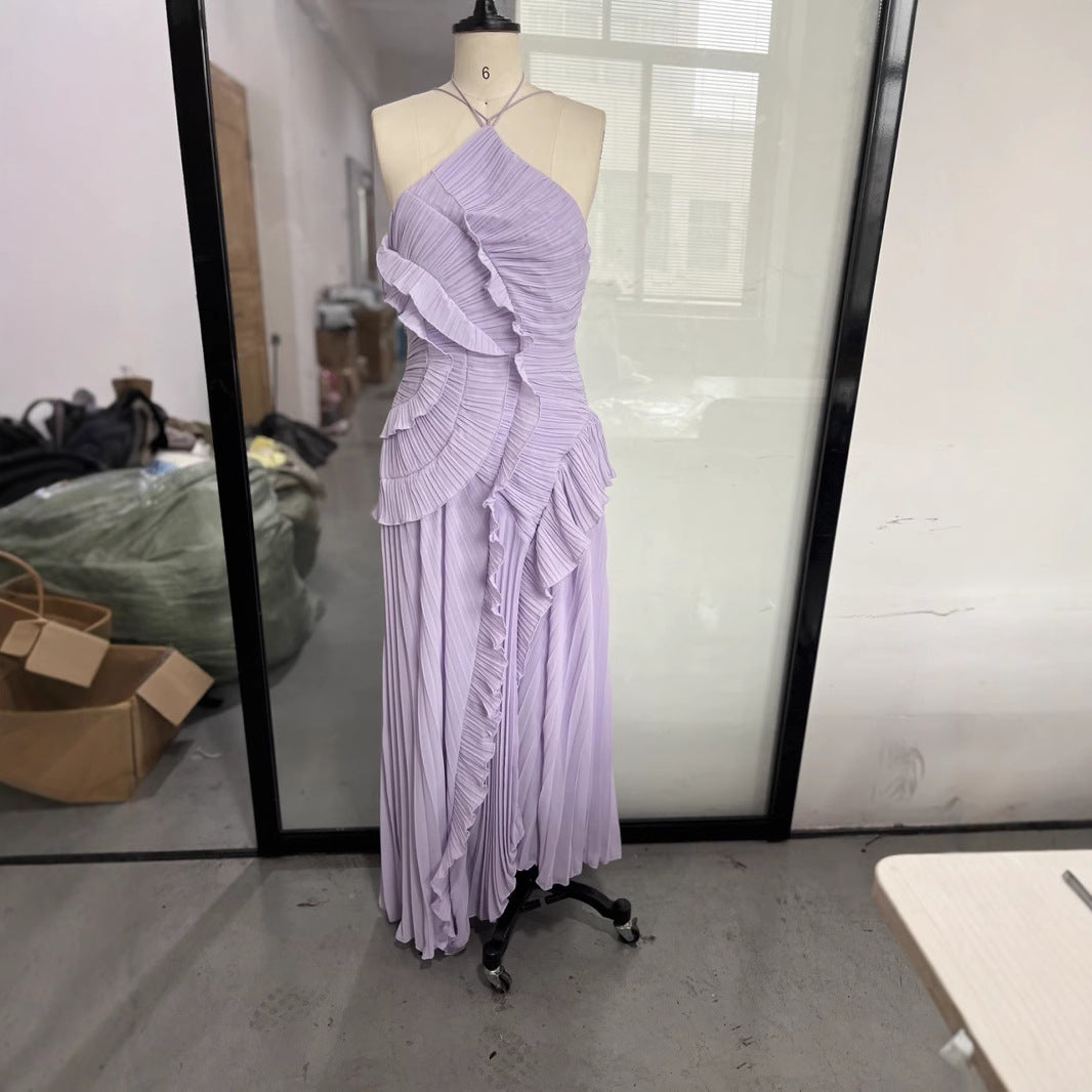 Damen Elegantes plissiertes Maxikleid mit asymmetrischem Design Drune