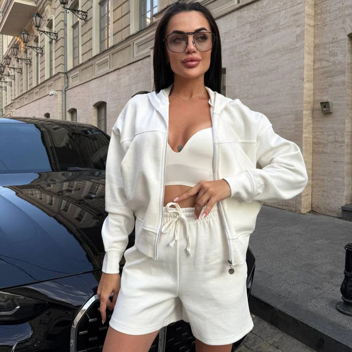 Damen Sommerliches Sport-Lounge-Set mit Kapuzenjacke und Shorts Drune