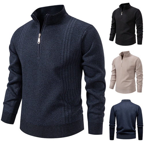 Herren nan Troyer-Pullover mit halbem Reißverschluss, Chevron-Struktur und elastischen Rippbündchen Drune