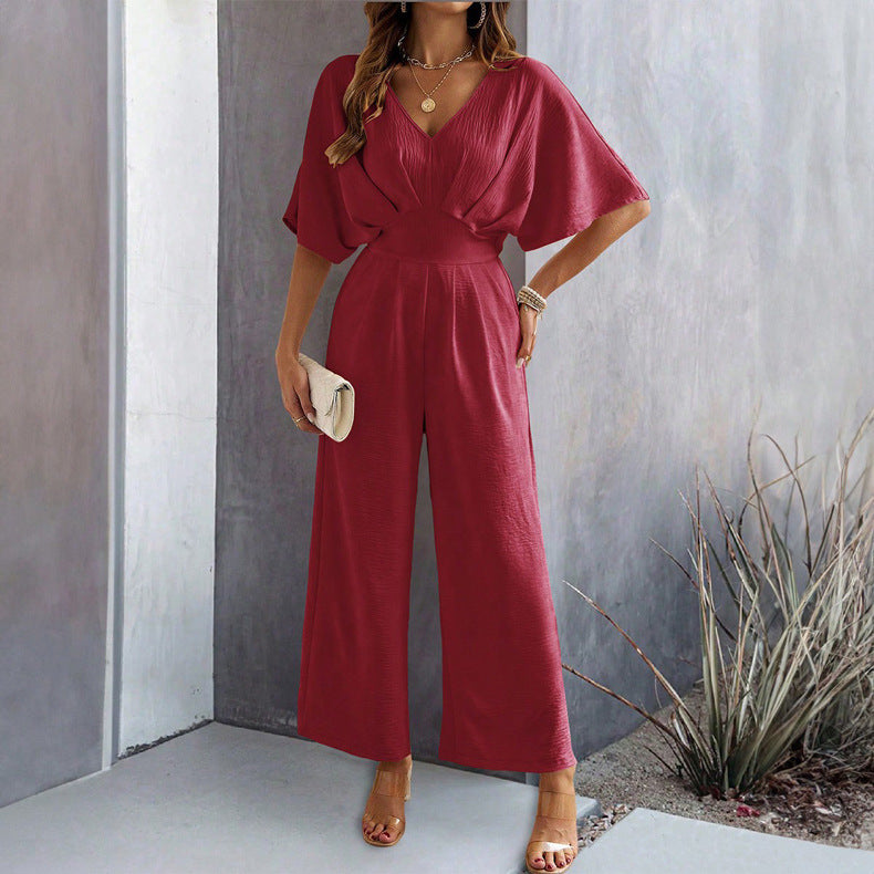 Damen Weit geschnittener Jumpsuit mit eleganten Drapierungen und V-Ausschnitt Drune