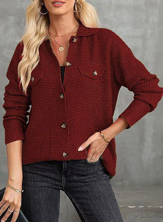 Damen modischer Waffle-Pullover mit Knöpfen Drune