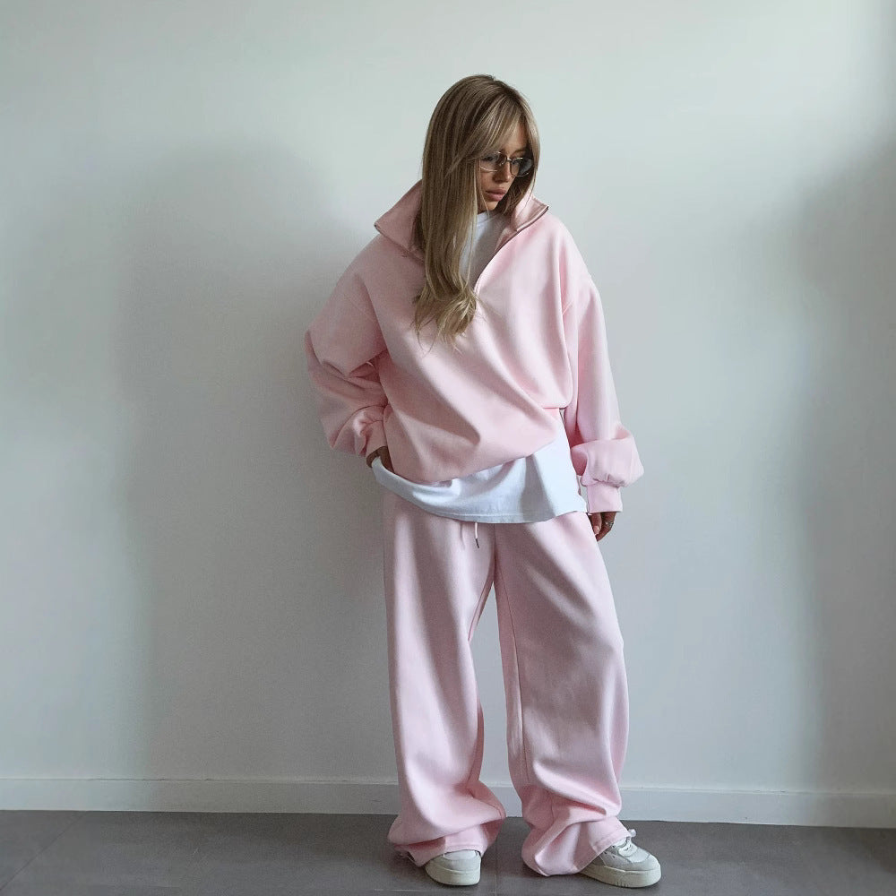 Damen nan Oversize Halbzip-Pullover mit Stehkragen und weitem Lounge-Hose-Set Drune