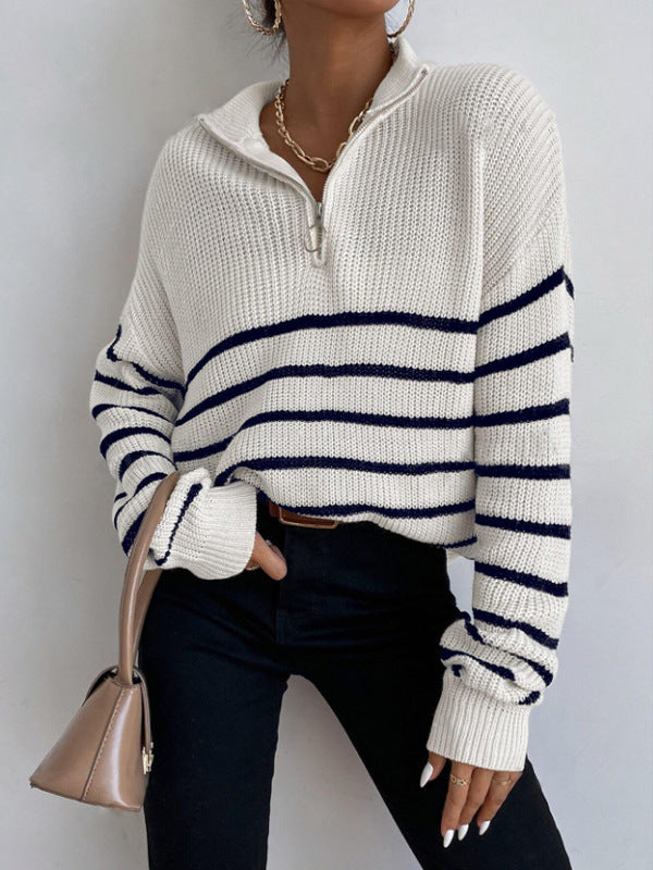 Damen Grob gestrickter Pullover mit Reißverschluss und breitem Streifenmuster Drune