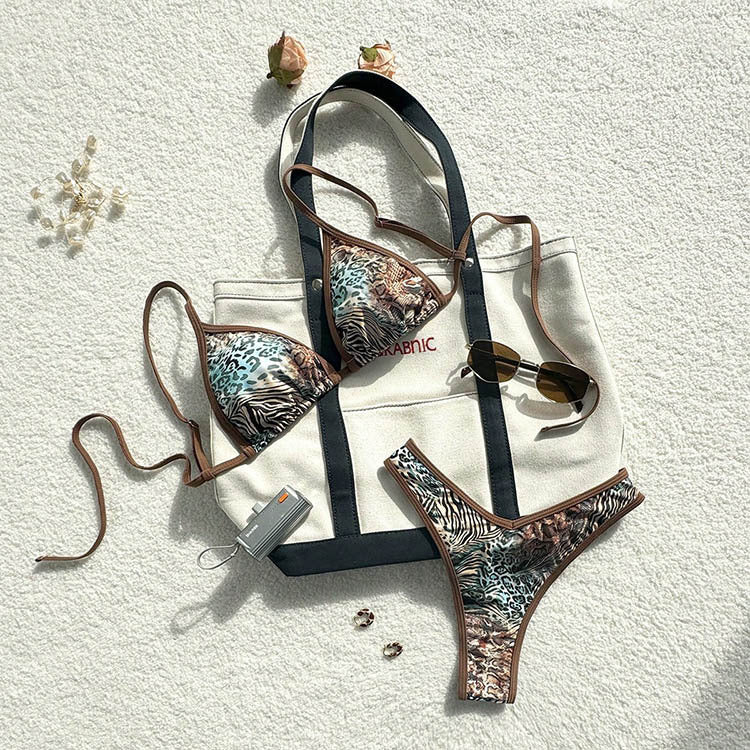Damen Triangel-Bikini-Set mit stilvollem Tiermuster und verstellbaren Trägern Drune