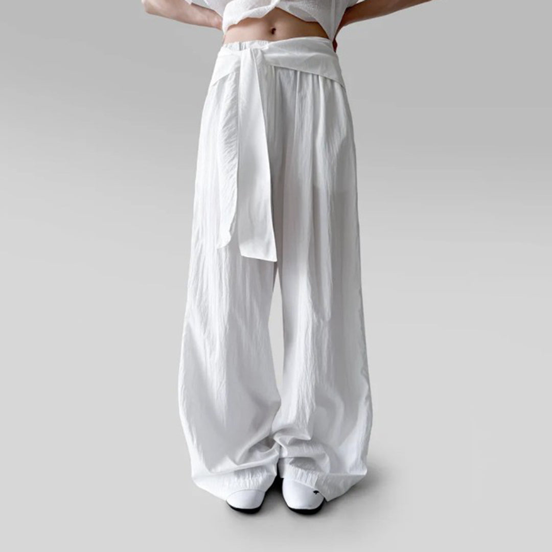 Damen nan Highwaist Leinenhose mit weitem Bein und dekorativem Bindegürtel Drune