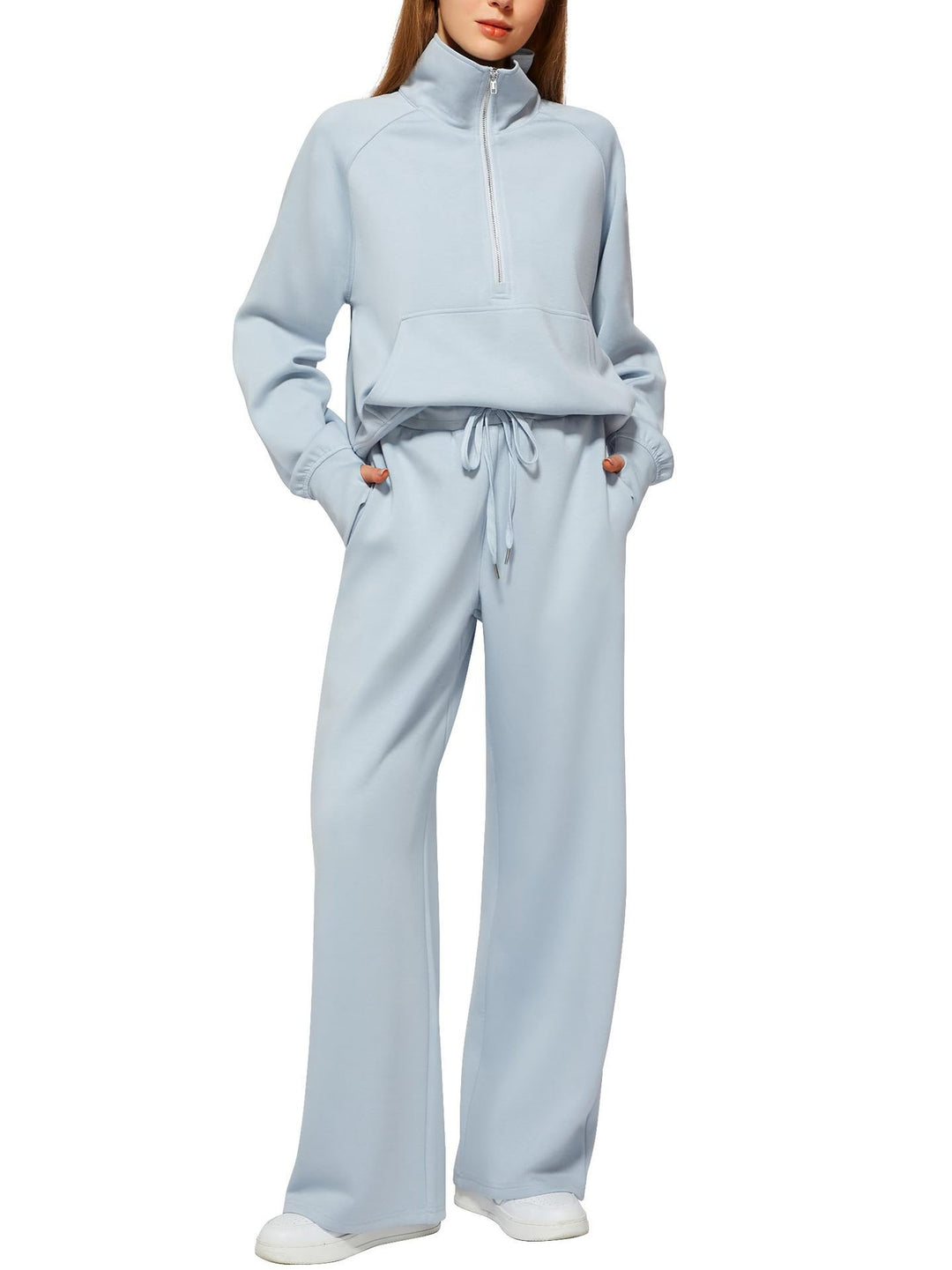 Damen nan halbzip Lounge-Set mit hohem Stehkragen, Kängurutasche und weiten Highwaist-Jogginghose Drune