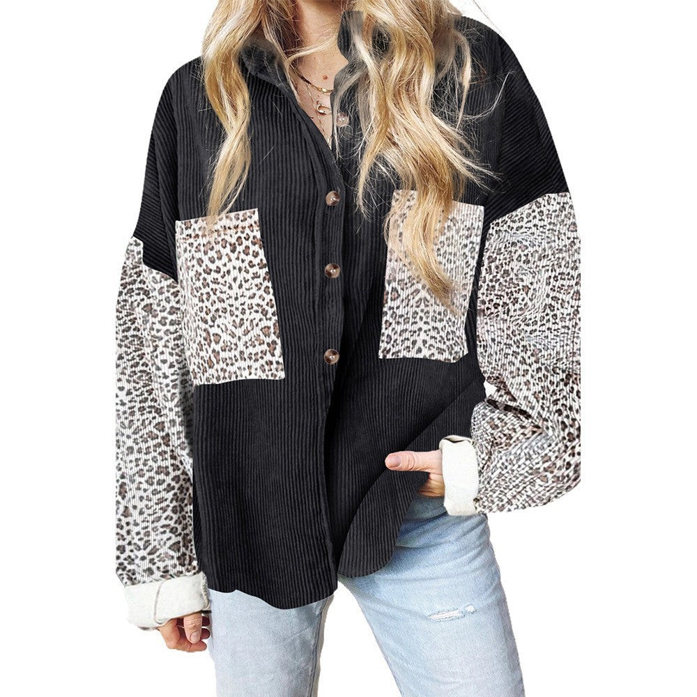 Damen nan oversized Hemdbluse mit Strukturstoff, Kontrastärmeln im Leo-Print und aufgesetzten Taschen Drune