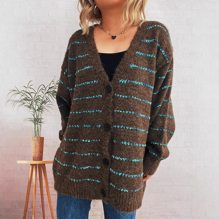 Damen gemütlicher Strickcardigan mit Streifenmuster und großen Knöpfen Drune