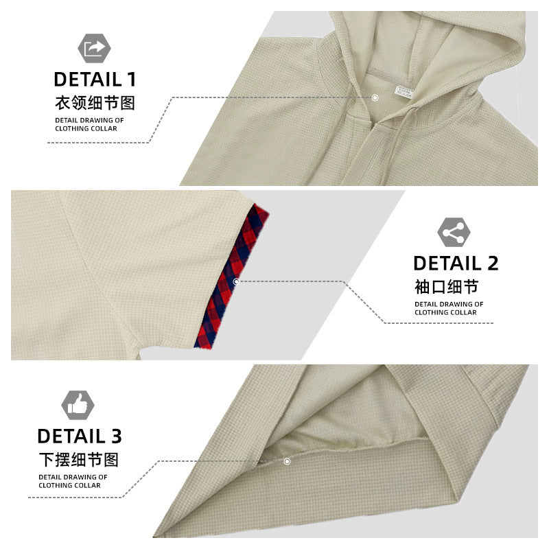 Herren nan schmal geschnittenes Kurzarm-Kapuzenshirt im Polostil mit Henley-Ausschnitt und karierter Ärmelmanschette Drune