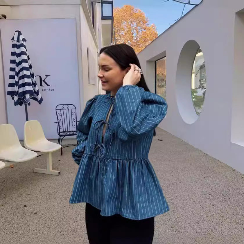Damen gestreifte Bluse mit voluminösen Puffärmeln und tailliertem Schnitt Drune