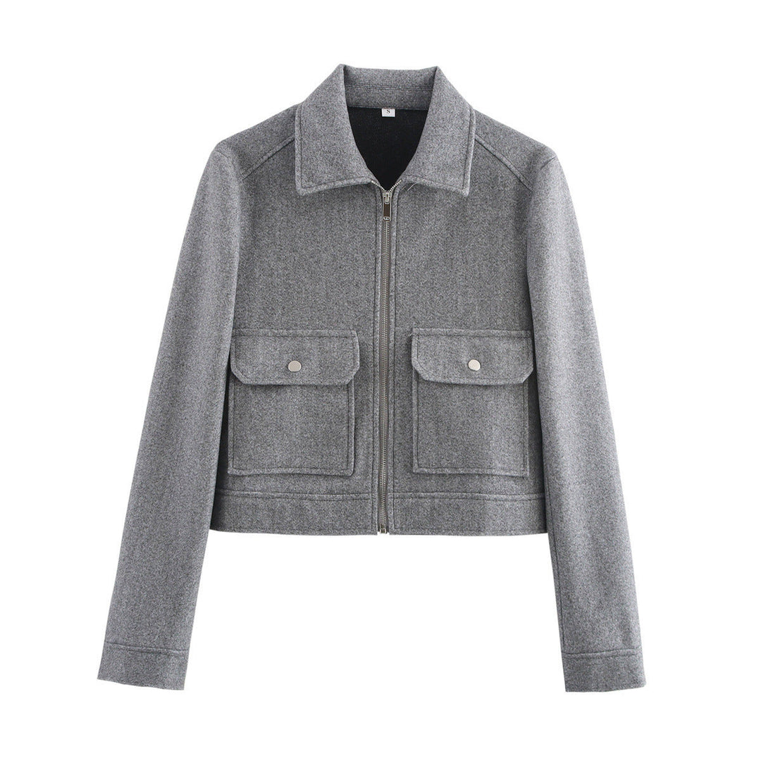 Damen Kurze Fleecejacke mit Stilvollen Brusttaschen und Elegantem Kragen Drune