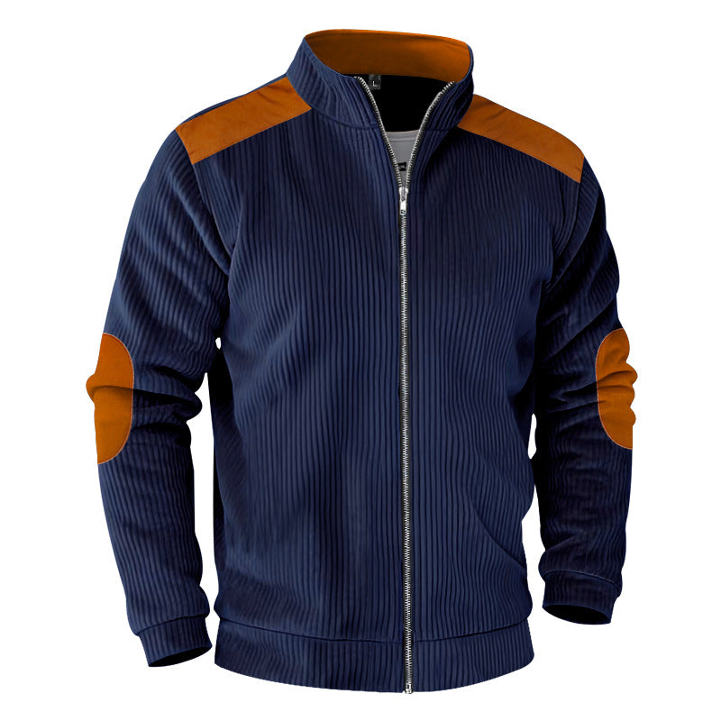 Herren nan gerippte Stehkragen-Sweatjacke mit durchgehendem Reißverschluss, Schulter- und Ellbogen-Patches Drune