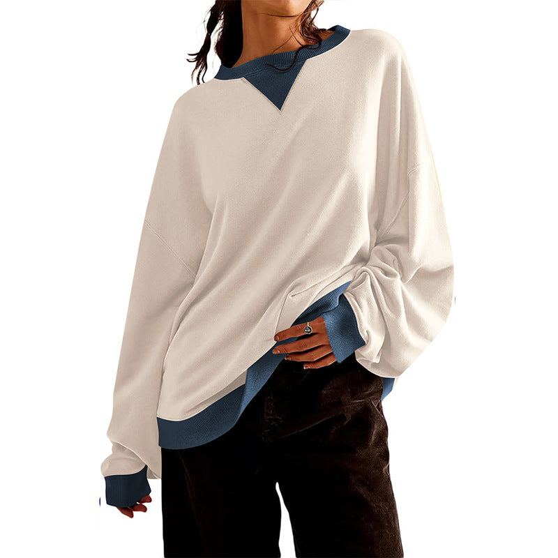 Damen lässiges Sweatshirt mit V-Ausschnitt und Kontrastbündchen Drune