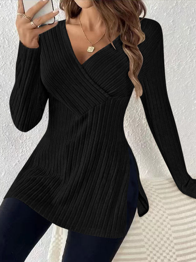 Damen elegantes Langarmshirt mit Wickeldesign und strukturierter Rippoptik Drune