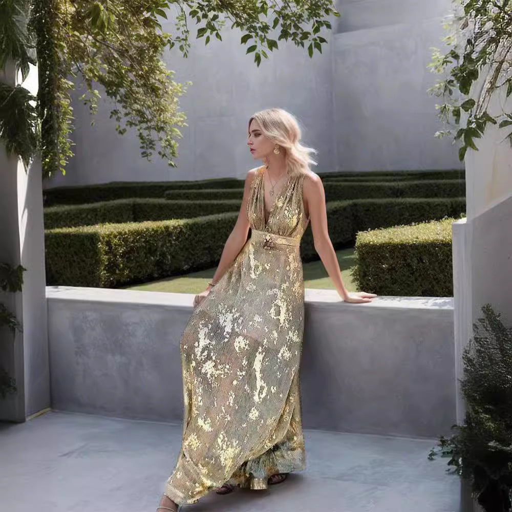Damen Elegantes Maxi-Kleid mit filigranem Goldmuster und V-Ausschnitt Drune