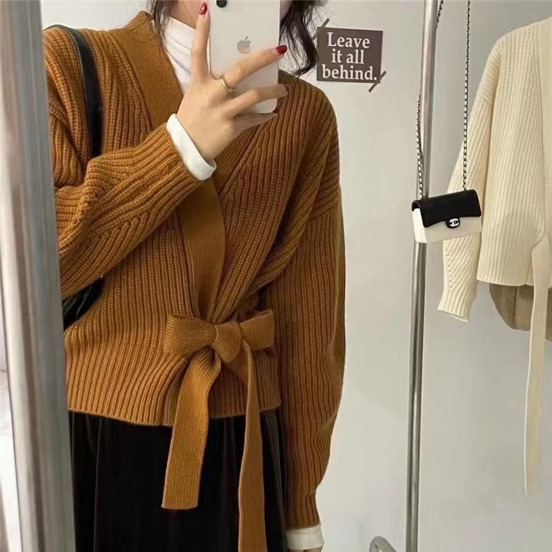 Damen Wickeljacke mit breiten Ärmeln und Taillenknoten Drune