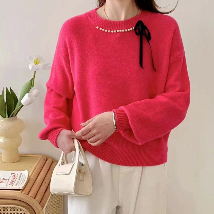 Damen modischer Pullover mit Zierband und Perlendetails Drune