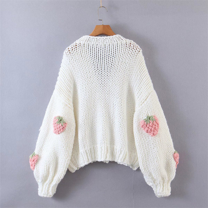 Damen Strickjacke mit Erdbeerapplikationen und Knopfverschluss Drune