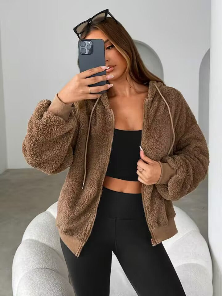 Damen Teddy-Fleecejacke mit Kapuze und elastischen Bündchen Drune