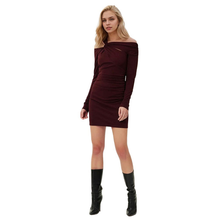 Damen figurbetontes Minikleid mit asymmetrischem Ausschnitt und langen Ärmeln Drune