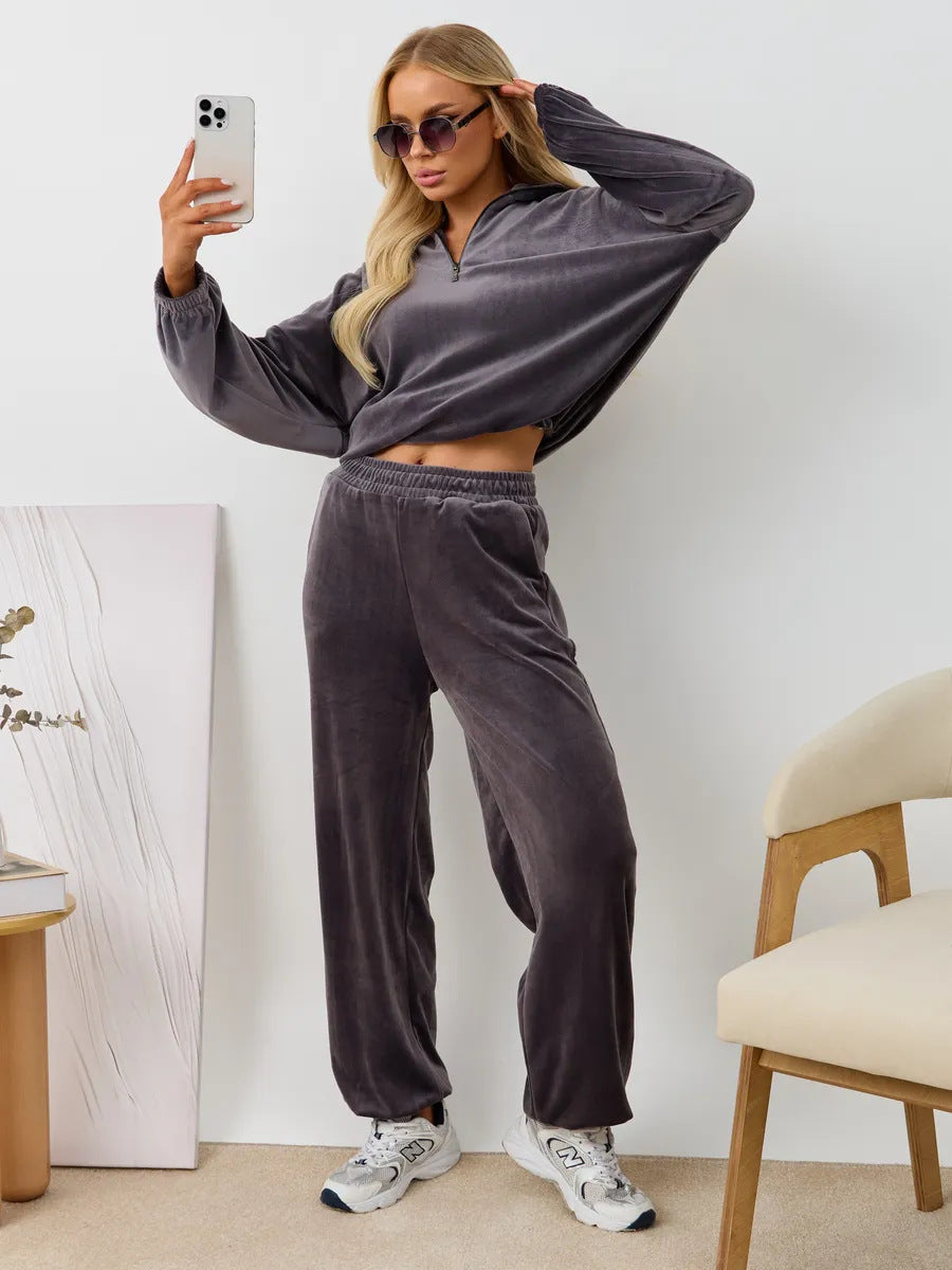 Damen Fleece-Loungewear-Anzug mit Reißverschluss und elastischem Bündchen Drune