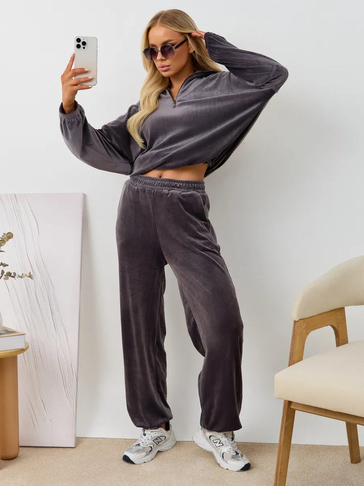 Damen Fleece-Loungewear-Anzug mit Reißverschluss und elastischem Bündchen Drune