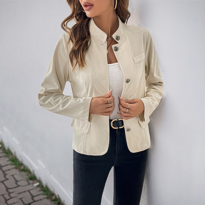 Damen modische Blazerjacke mit Stehkragen und Druckknopfverschluss Drune