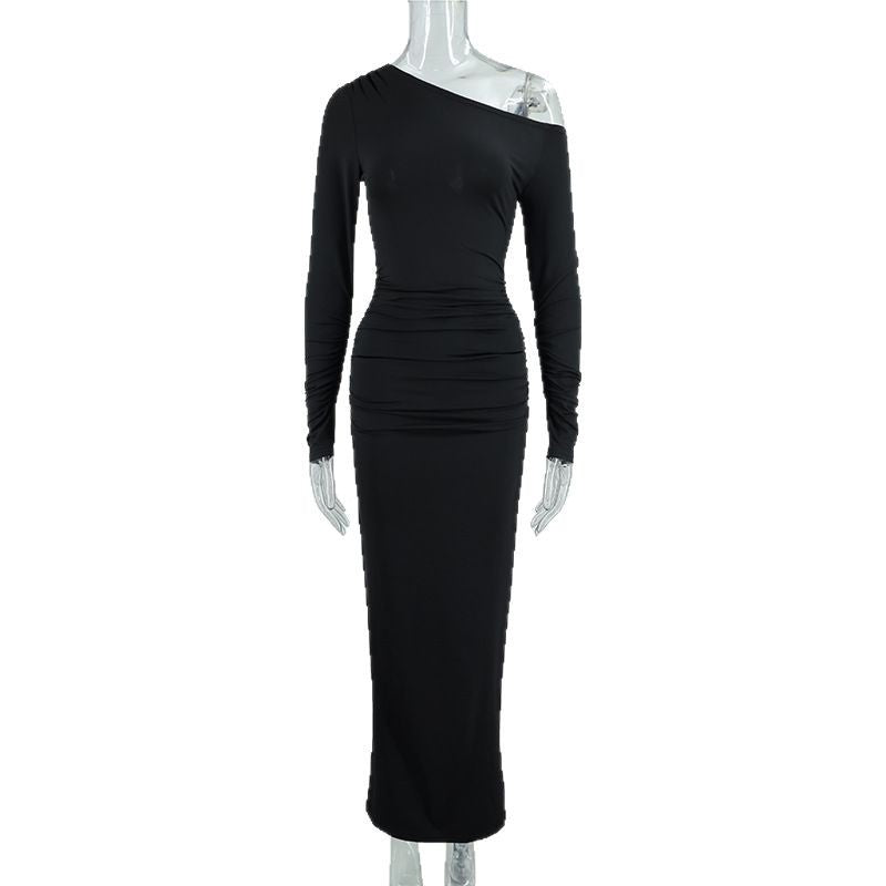 Damen elegantes One-Shoulder Maxikleid mit figurschmeichelnder Raffung Drune