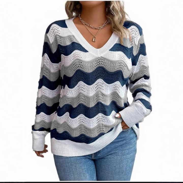 Damen V-Ausschnitt Pullover mit Wellenmuster und luftiger Struktur Drune