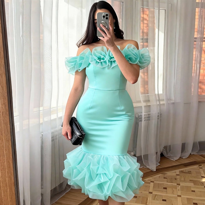 Damen Figurbetontes Kleid mit Rüschenärmel und voluminösem Saum Drune
