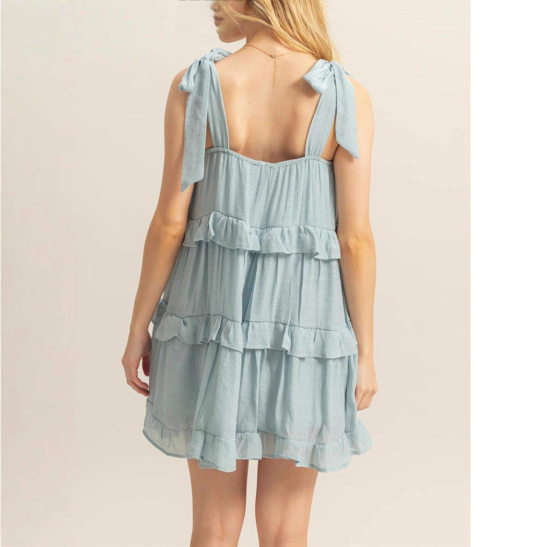 Damen lässiges Sommerkleid mit Rüschendetails und verstellbaren Trägern Drune