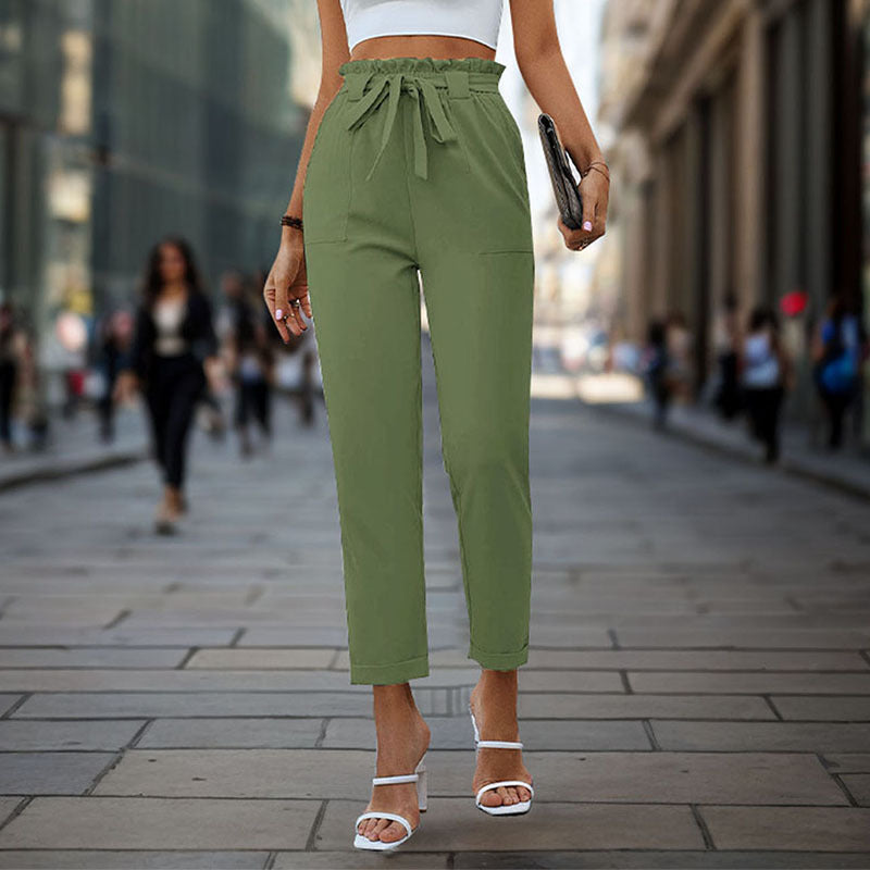 Damen elegante Chino-Hose mit hohem Bund und Taillenzug Drune