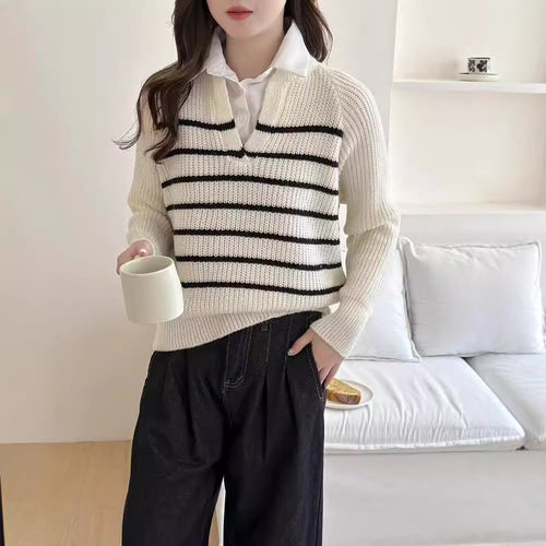 Damen Strickpullover mit V-Ausschnitt und gestreiftem Design Drune