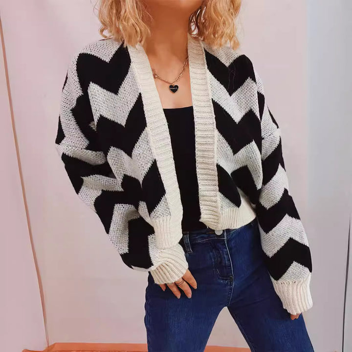 Damen modische Strickjacke mit Chevron-Muster und breiten Ärmeln Drune