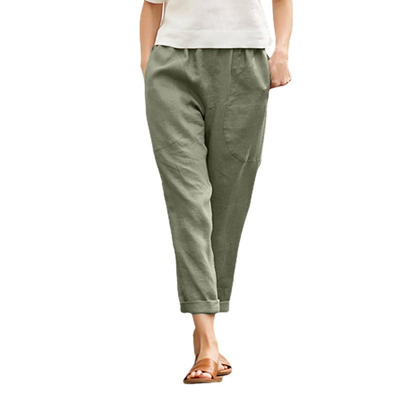Damen nan legere Leinen-Baumwollhose mit elastischem Bund, aufgesetzten Taschen und konischer Beinform Drune