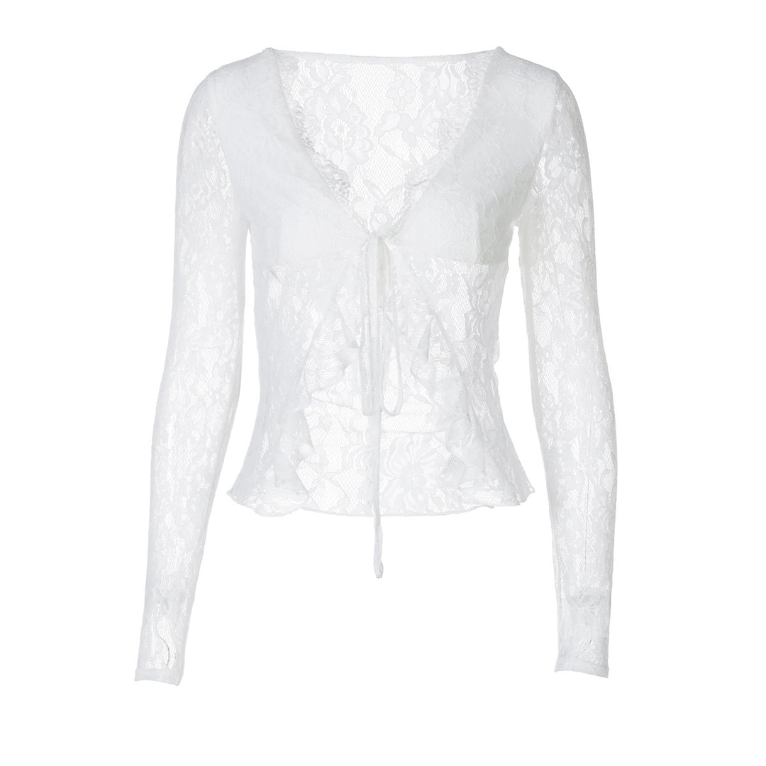 Damen Spitzen-Cropped-Bluse mit Schleifenverschluss Drune