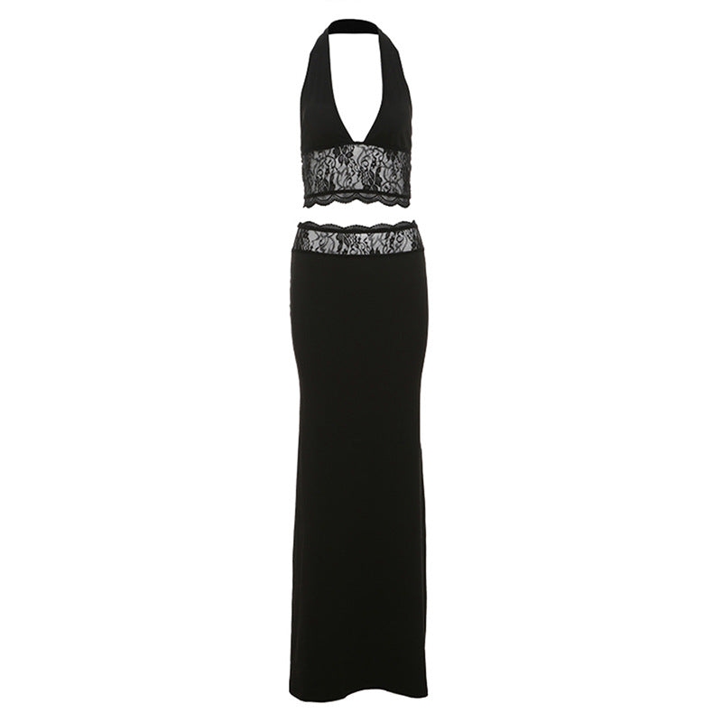 Damen Langer Sommerrock mit tiefem V-Ausschnitt und eleganter Spitzenapplikation Drune