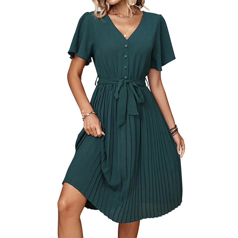 Damen Plissee-Kleid mit Taillengürtel und Knopfdetails Drune