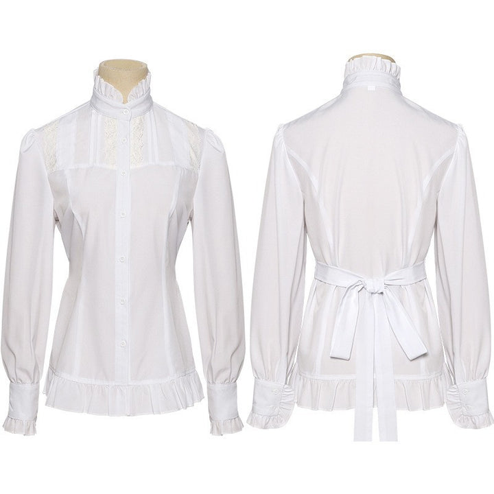 Damen nan viktorianische Spitzenbluse mit Volant-Jabot, tailliertem Schnitt und doppellagigen Glockenärmeln Drune