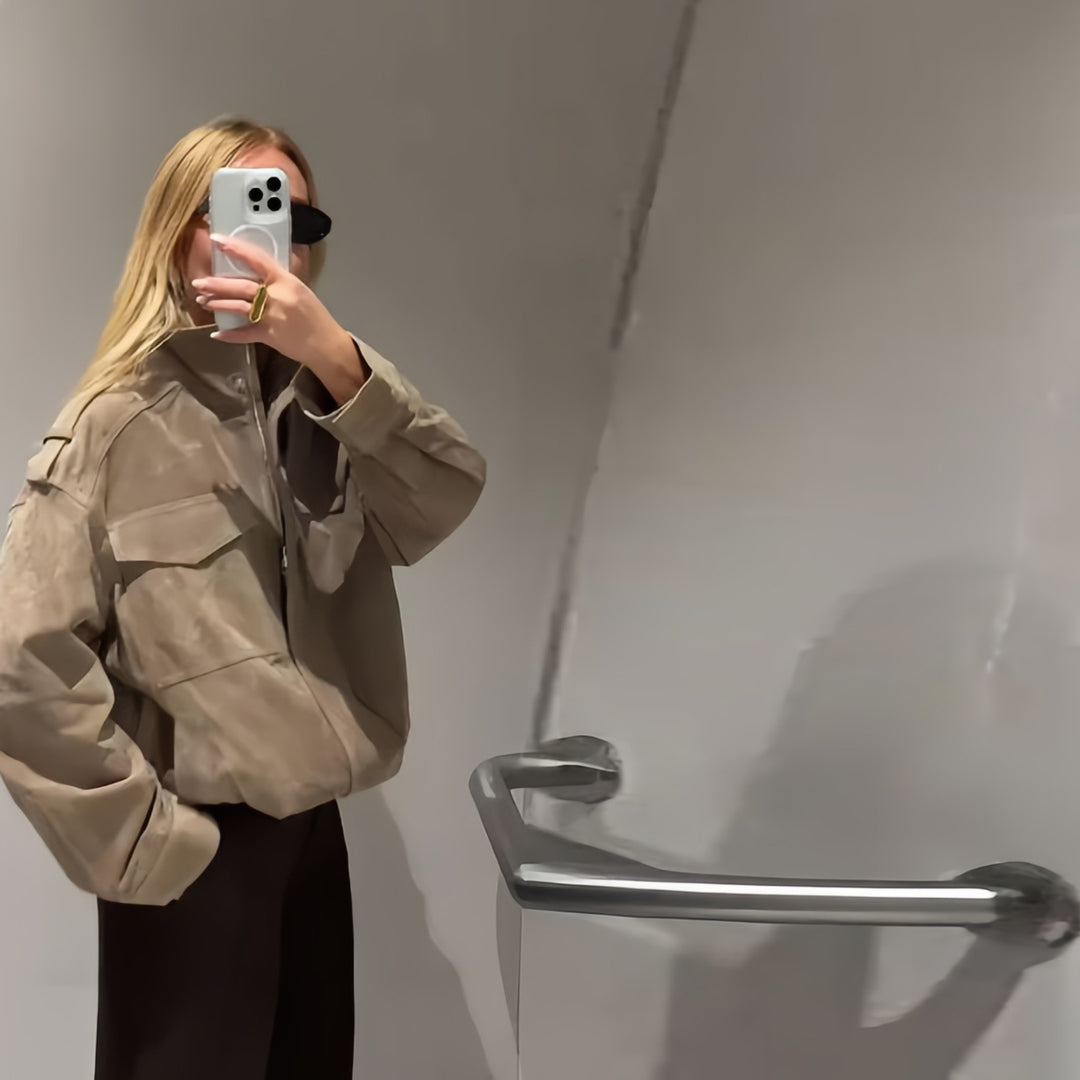 Damen Modische Oversized-Wildlederjacke mit praktischen Taschen und hohem Kragen Drune