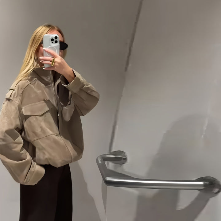 Damen Modische Oversized-Wildlederjacke mit praktischen Taschen und hohem Kragen Drune